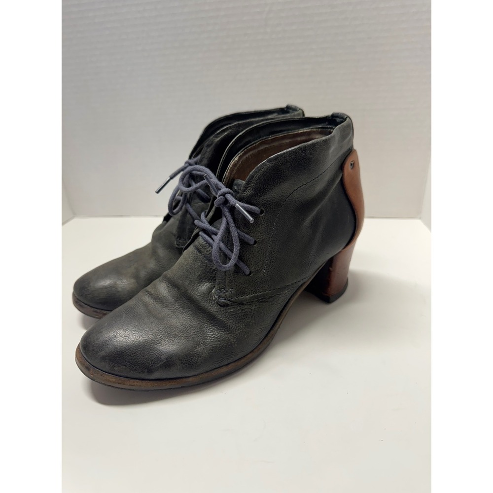 A.S.98 Black‎ Leather Lace Up Ankle Boots Cognac Brown Block Heel 8